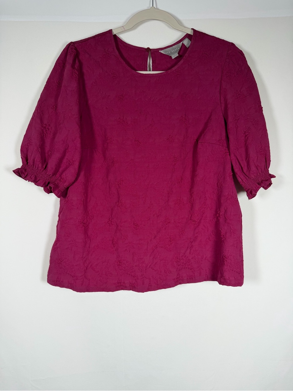 Women’s Ted Baker Sugar Plum Embellished Puff Textured Puff-Sleeve Top - Magenta